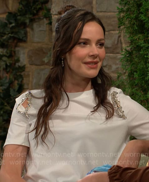 Tessa's white embellished t-shirt on The Young and the Restless