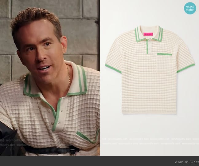 The Elder Statesman Scally Waffle-Knit Cotton-Blend Polo Shirt worn by Ryan Reynolds on E! News