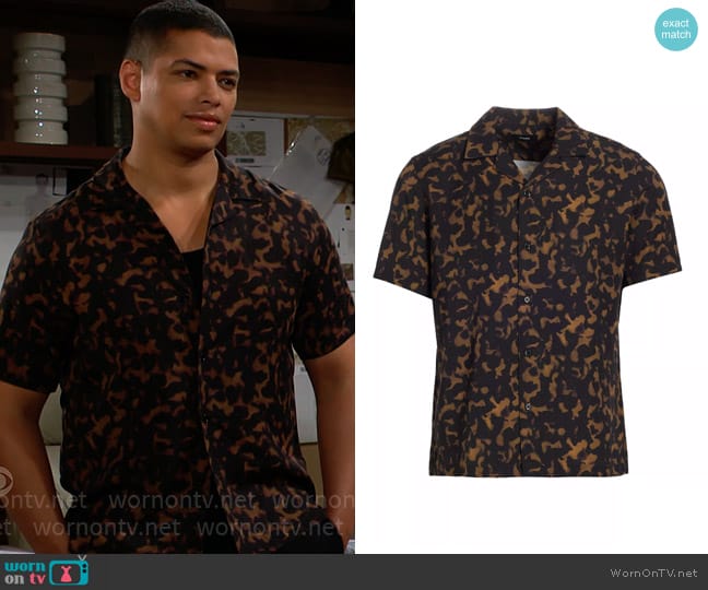 Theory Irving Tortoise Lyocell Short-Sleeve Shirt worn by Zende Forrester Dominguez (Delon De Metz) on The Bold and the Beautiful