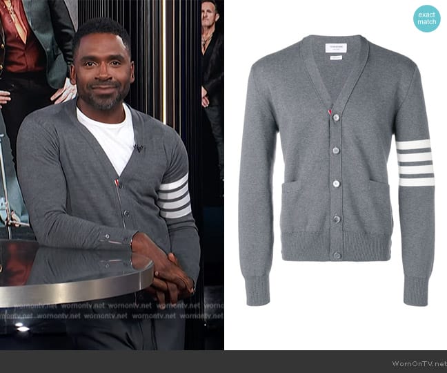 Thom Browne 4-Bar Milano Stitch cardigan worn by Justin Sylvester on E! News