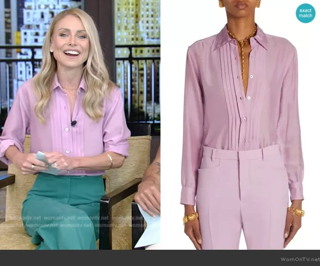 Tom Ford Pleated Silk Batiste Button-Up Shirt worn by Kelly Ripa on Live with Kelly and Mark