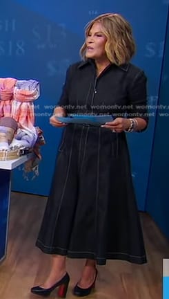 Tory’s black denim dress with white stitching on Good Morning America