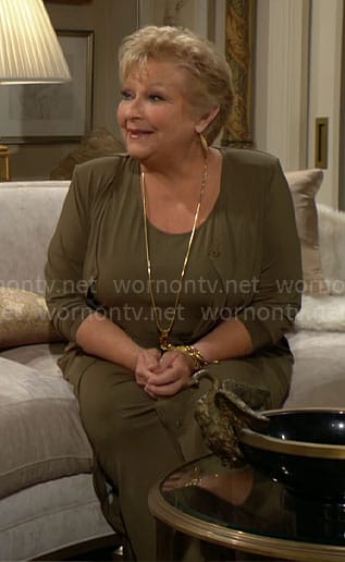 Traci’s olive green long dress and cardigan set on The Young and the Restless