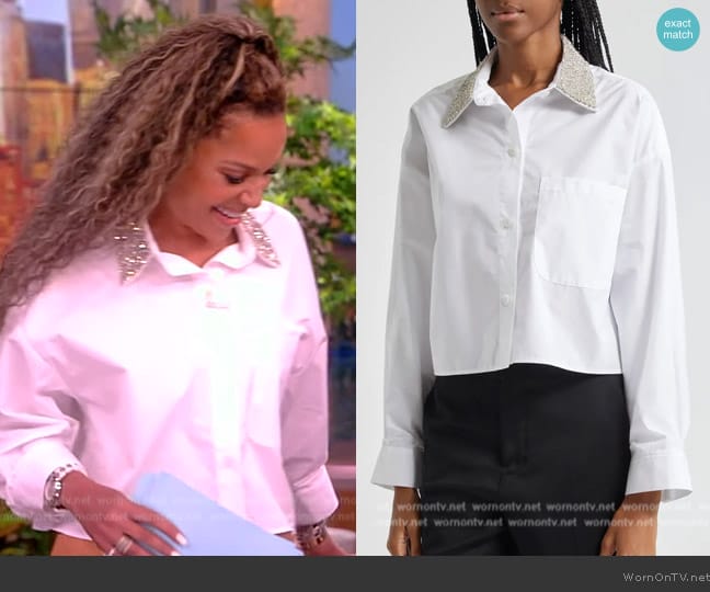 TWP Soon to Be Ex Crystal Collar Crop Button-Up Shirt worn by Sunny Hostin on The View