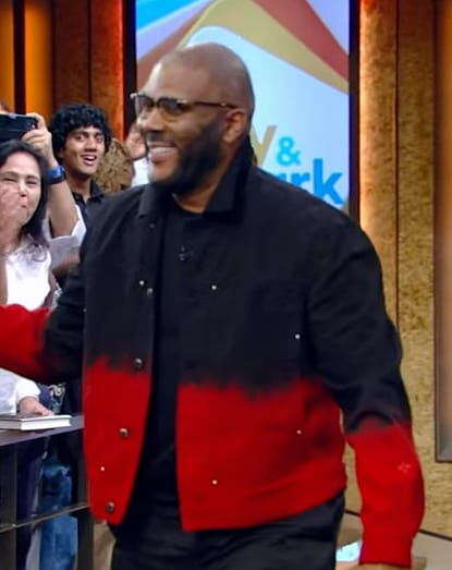 Tyler Perry's black and red dip dye denim jacket on Live with Kelly and Mark