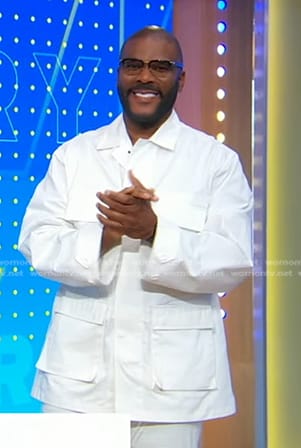 Tyler Perry's white patch pocket shirt jacket on Good Morning America