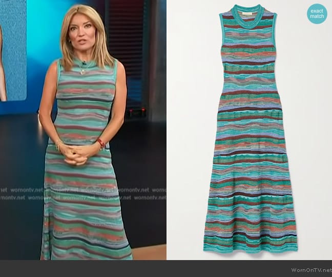 Ulla Johnson Fauna striped cotton-blend jacquard midi dress worn by Kit Hoover on Access Hollywood