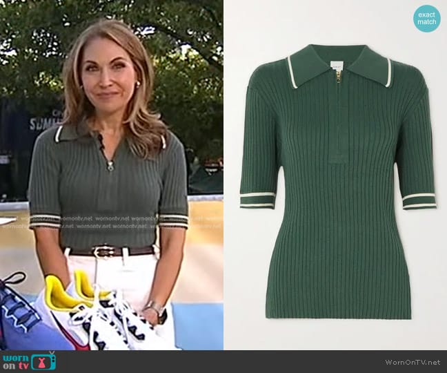 Varley Napier Striped Ribbed Cotton-Blend Polo Top in Dark Green worn by Lori Bergamotto on Good Morning America