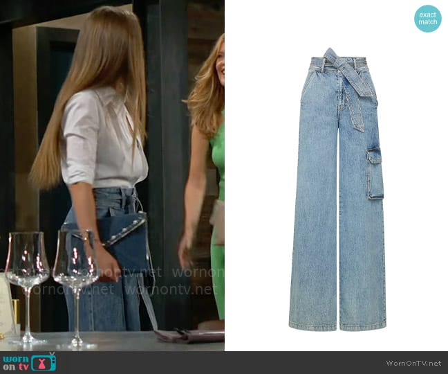 Veronica Beard Belisa Cargo Wide-Leg Jeans in Silverwood worn by Heather Stevens (Vail Bloom) on The Young and the Restless