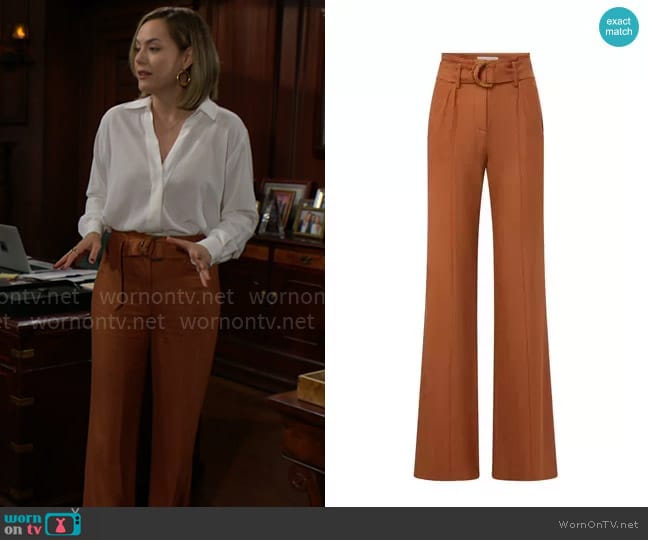 Veronica Beard Sunny Belted Pants in Golden Brown worn by Hope Logan (Annika Noelle) on The Bold and the Beautiful