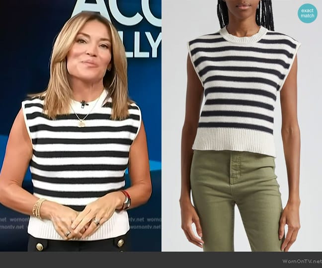 Veronica Beard Vera Stripe Sleeveless Roll Shoulder Cotton Sweater worn by Kit Hoover on Access Hollywood