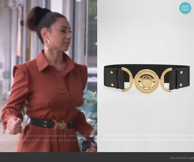 Versace La Medusa Wide Leather Belt worn by Jennifer Aydin on The Real Housewives of New Jersey