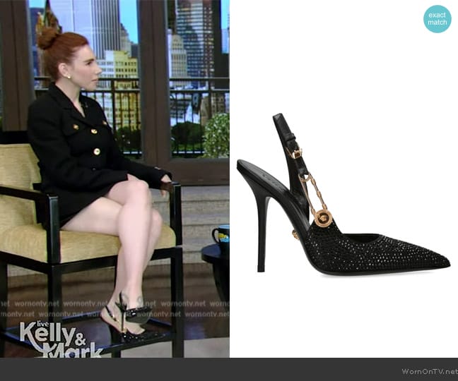 Versace Leather Safety Pin Slingback Pumps 110 worn by Zosia Mamet on Live with Kelly and Mark