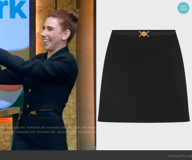 Versace Medusa-Belt Double Wool Crepe Stretch Mini Skirt worn by Zosia Mamet on Live with Kelly and Mark