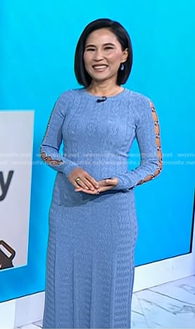 Vicky’s blue cutout sleeve textured dress on Today