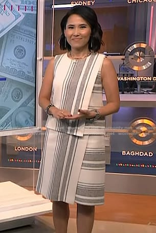 Vicky’s white and grey striped top and skirt on NBC News Daily