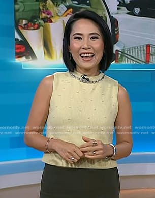 Vicky’s yellow embellished knit top on Today