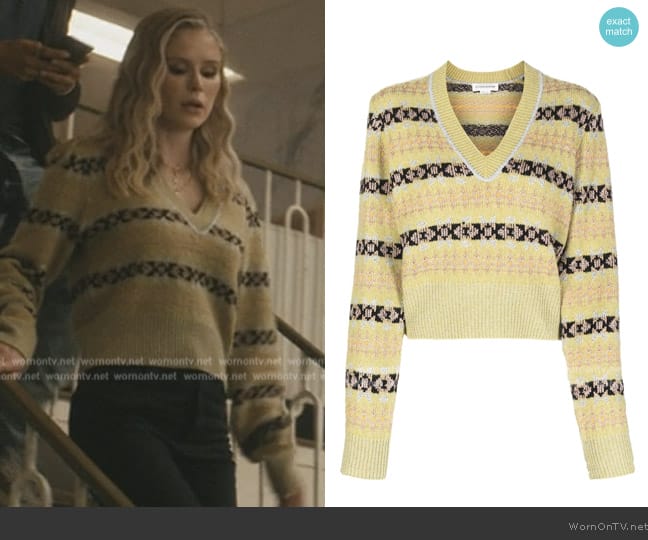 Victoria Beckham V-neck Metallic-weave Wool-blend Jumper In Lime Fairisle worn by Annie January (Erin Moriarty) on The Boys