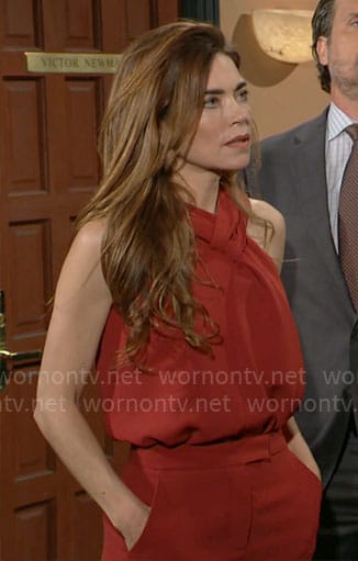 Victoria’s red sleeveless blouse and pants on The Young and the Restless