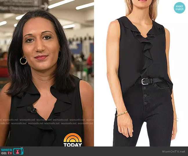 Vince Camuto Ruffle Neck Sleeveless Georgette Blouse in Rich Black worn by Priya Sridhar on Today