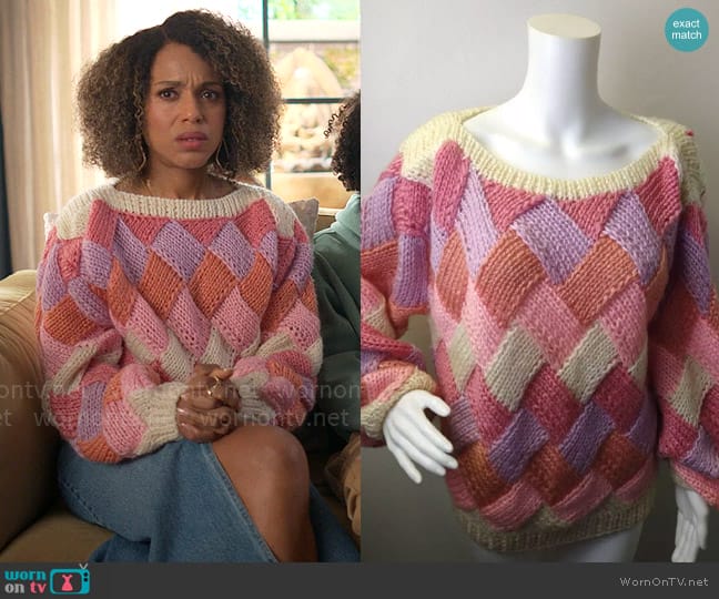  Vintage Oversized Hand Knit Afghan Pastel Basket Weave Sweater worn by Paige Alexander (Kerry Washington) on UnPrisoned