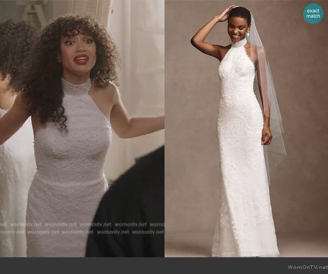 Watters Belle Scalloped Halter Wedding Gown worn by Olivia Baker (Samantha Logan) on All American