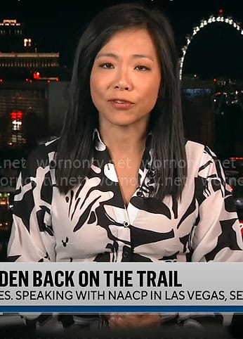 Weijia Jian's black and white floral blouse on CBS Mornings