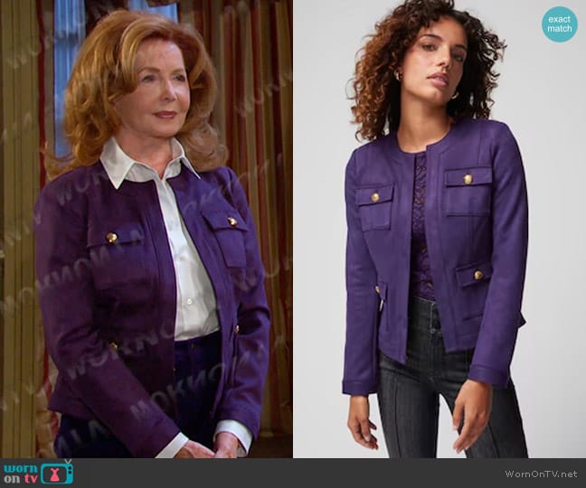 White House Black Market Ultra Suede Stylist Jacket in Deep Amethyst worn by Maggie Horton (Suzanne Rogers) on Days of our Lives