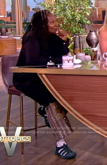 Whoopi's patchwork splatter print pants on The View