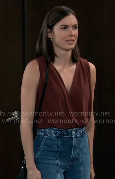 Willow's brown drape front top and braid detail jeans on General Hospital