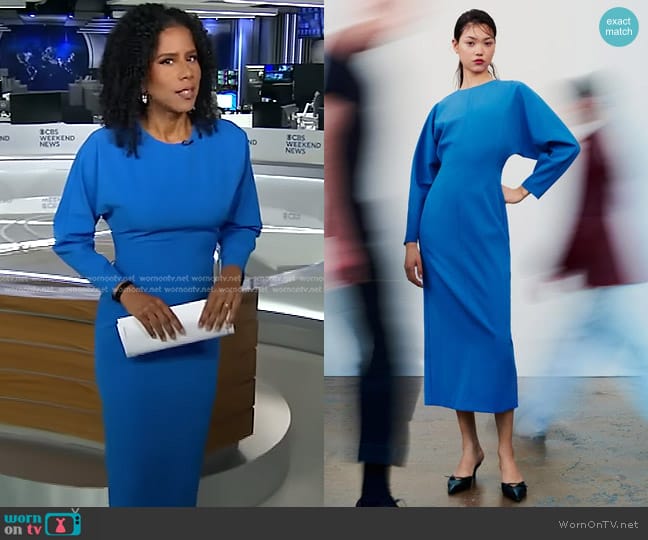 Zara Crepe Midi Dress in Bluish worn by Adriana Diaz on CBS Evening News