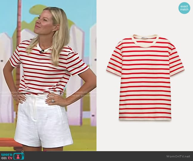 Zara Basic Cotton T-Shirt in Red Stripe worn by Meredith Sinclair on Today