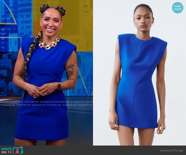 Zara Mini Dress with Shoulder Pads in Cobalt worn by Robin Arzón on Good Morning America