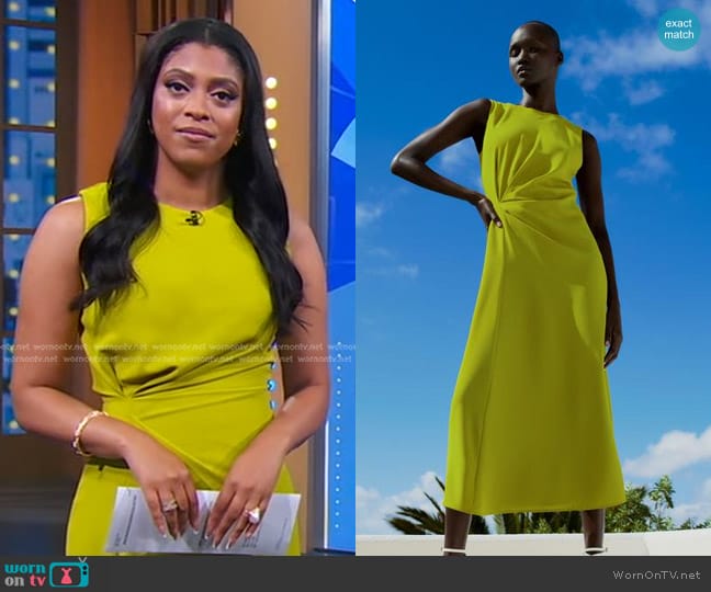 Zara Side Ruched Midi Dress in Mustard worn by Morgan Norwood on Good Morning America