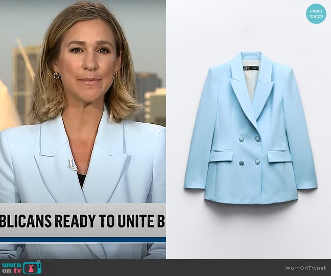 Zara Double Breasted Shoulder Pad Blazer worn by Caitlin Huey-Burns on CBS Mornings