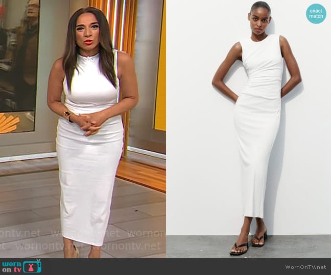 Zara Draped Midi Dress in White worn by Michelle Miller on CBS Mornings