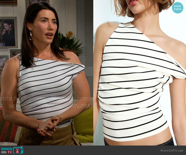 Zara Ruched Asymmetric Rib Top worn by Steffy Forrester (Jacqueline MacInnes Wood) on The Bold and the Beautiful