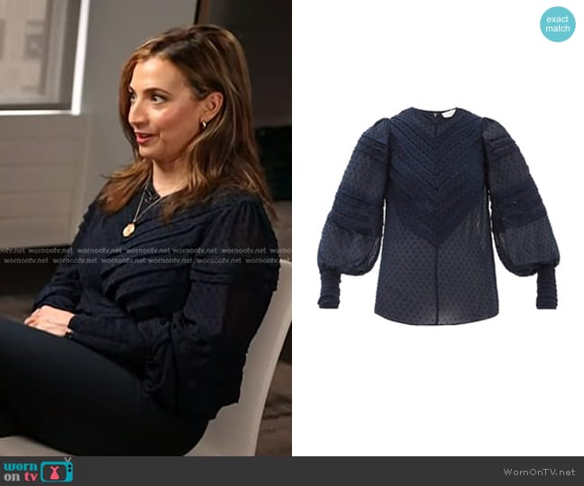 Zimmermann Sabotage Tucked Swiss-dot Georgette Blouse in Navy worn by Kendra Kolb Butler on Today