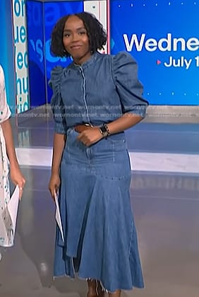 Zinhle’s denim puff sleeve top and skirt on NBC News Daily