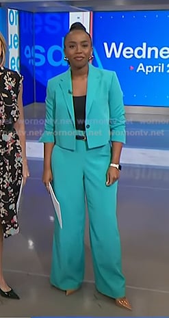 Zinhle's blue cropped blazer and wide leg pants on NBC News Daily