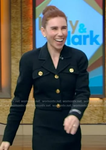 Zosia Mamet's black jacket and mini skirt on Live with Kelly and Mark