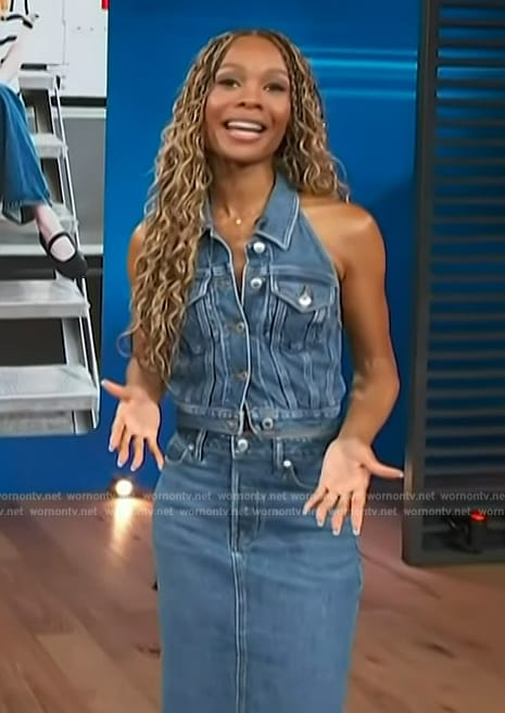 Zuri's denim vest and midi skirt on Access Hollywood