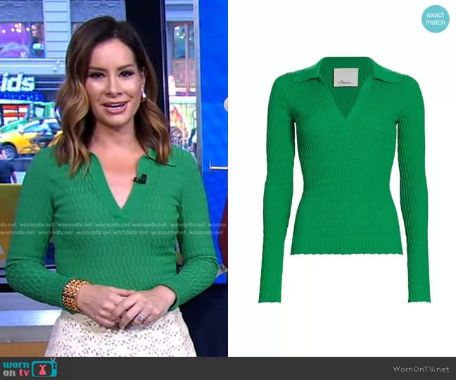 3.1 Phillip Lim Honeycomb Stitch Viscose Polo in Grass worn by Rebecca Jarvis on Good Morning America