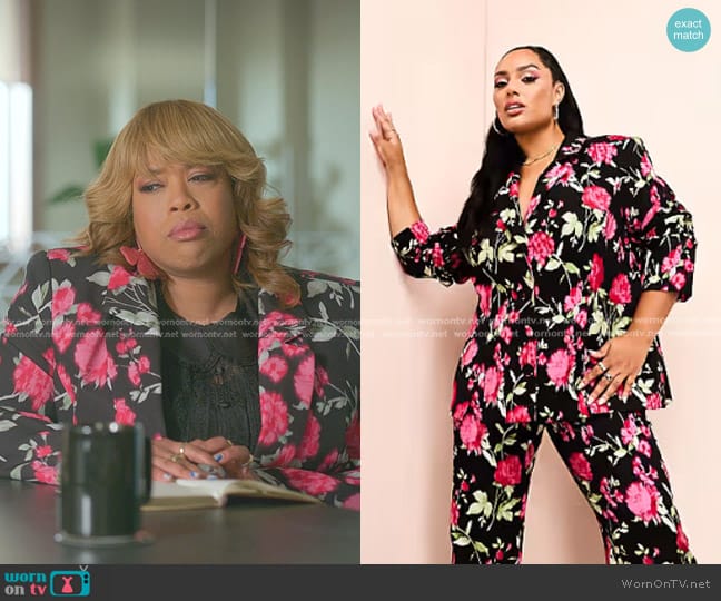 ASOS LUXE Curve Suit Blazer in black floral print worn by Krystal Walters (Angela Grovey) on Reasonable Doubt