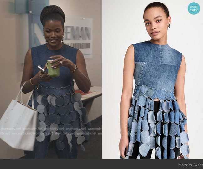 A.W.A.K.E. MODE Upcycled Denim Top worn by Vivian Banks (Cassandra Freeman) on Bel-Air