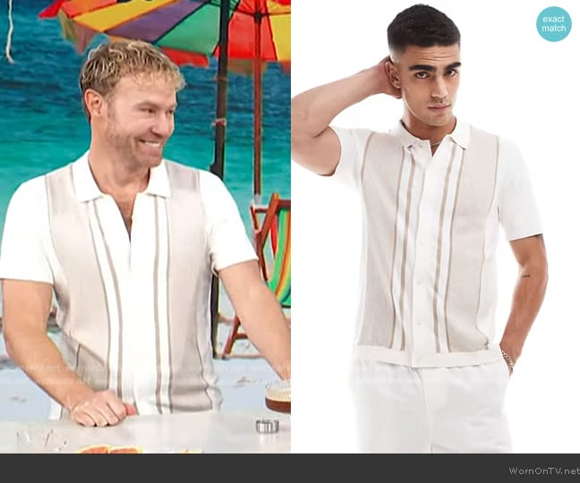 Abercrombie & Fitch Retro pattern knitted button up polo in cream worn by Paul Zahn on Access Hollywood