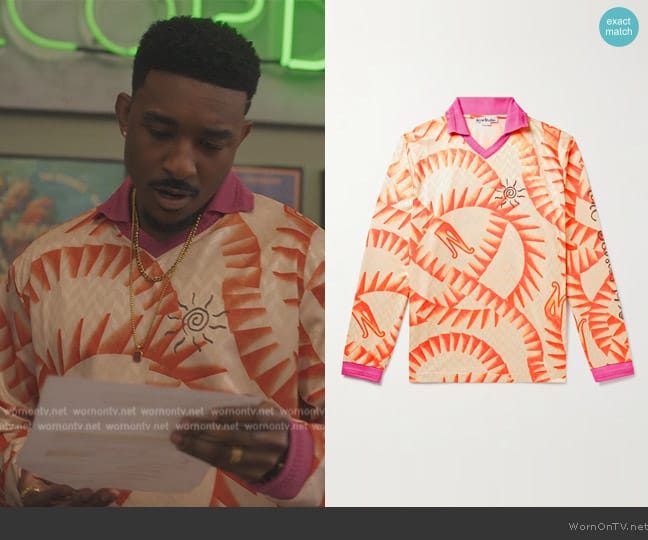 Acne Studios Erwin Printed Satin-Jacquard Polo Shirt worn by Jazz (Jordan L. Jones) on Bel-Air