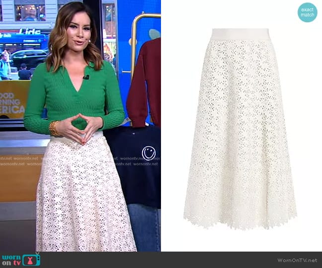 Alice + Olivia Sosie Leather Midi Skirt worn by Rebecca Jarvis on Good Morning America