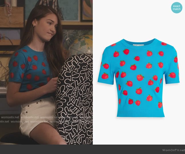 Alice + Olivia Ciara Embroidered Strawberry Cropped Sweater worn by Olivia ( Reagan Marum) on Bel-Air