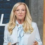 Alison Triessl’s blue windowpane blazer and skirt on Access Hollywood